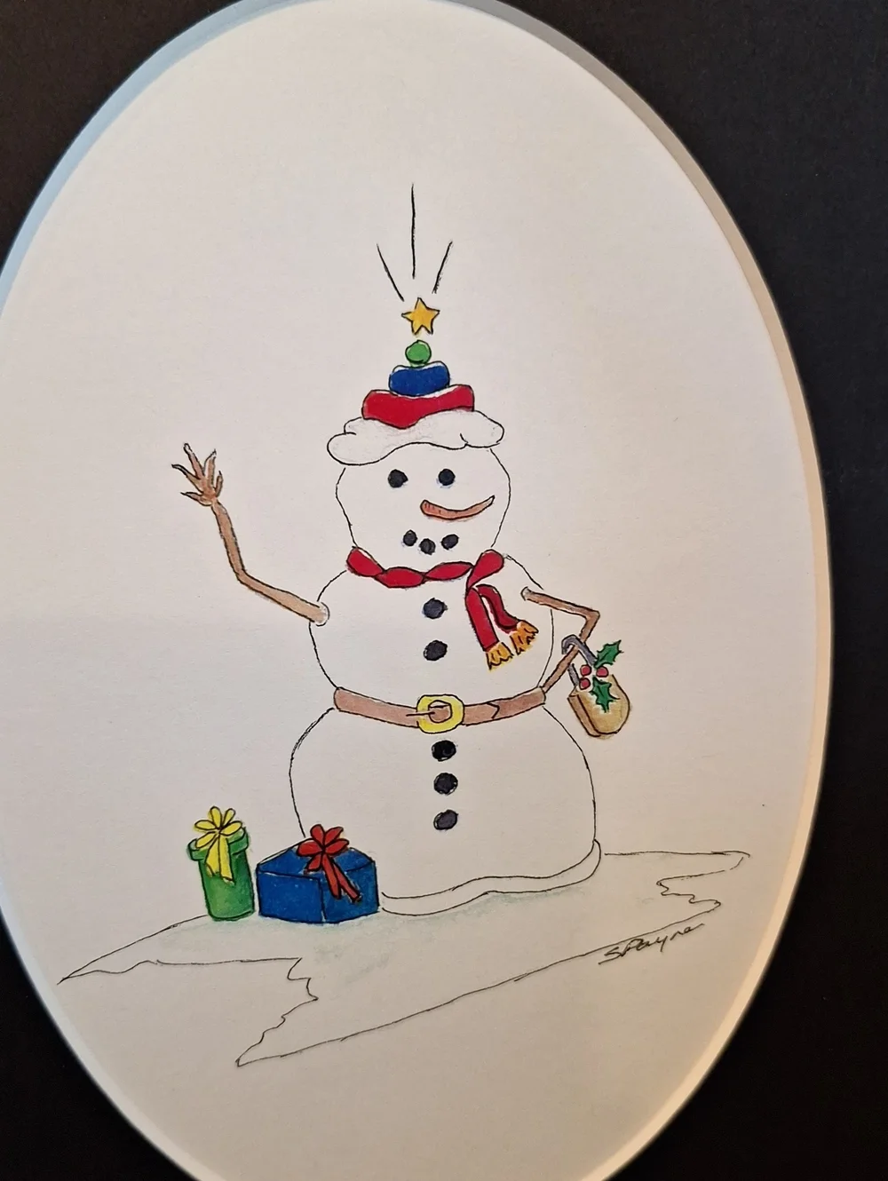 Original Watercolor Snowman Art Print in Black Mat. Mat Size 8×10